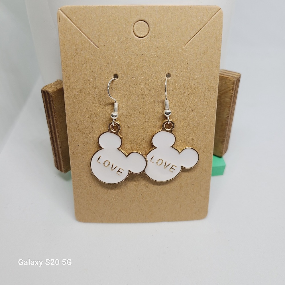 Mickey Mouse Earrings Love‎ White Gold Tone Dangle Drop Women's Jewelry